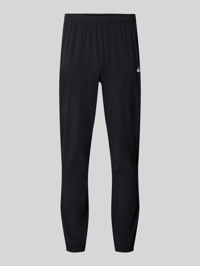 Produktfoto, schwarze Straight Fit Sweatpants mit Logo-Print Modell 'Core' von ASICS, elastischer Bund, Webstoff, schlichte Struktur, Herrenmode