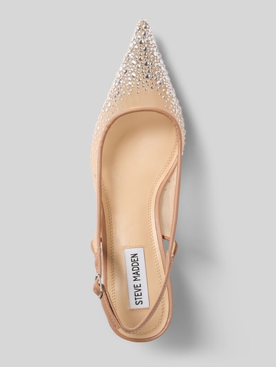 Produktfoto, Pumps in semitransparentem Design Modell 'Katty' von Steve Madden, Spitze, Strasssteinbesatz, glatte Sohle, Damen, Absatzhöhe 5 cm, Schaftweite 5 cm, Beige- und Silberfarben, klare Linien, feine Struktur