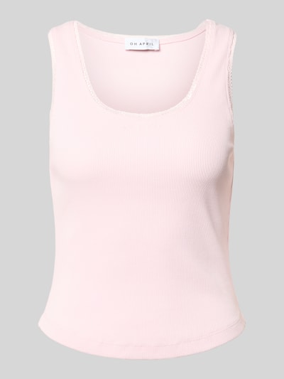 Produktfoto, Tanktop in Ripp-Optik Modell 'Jolie' von OH APRIL in zartem Rosa, Baumwoll-Elasthan-Mix, Spitzenbesatz, Slim Fit, Rundhalsausschnitt