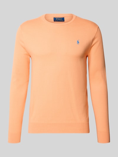 Produktfoto, Slim Fit Pullover aus reiner Baumwolle von Polo Ralph Lauren in Apricot, unifarben, Strickstruktur, Logo-Stitching, Rundhals.
