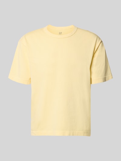 Produktfoto, Cropped T-Shirt mit Rundhalsausschnitt von GAP in Hellgelb, reine Baumwolle, gerade Form, glatte Textur, Rückenlänge 63 cm