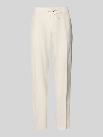 Produktfoto, Straight Leg Leinenhose mit Tunnelzug Modell 'LEROY' von SELECTED HOMME, beige, Flammgarn-Struktur, Leinen-Baumwoll-Mix, unifarben, seitliche Eingrifftaschen, Gesäßtaschen mit Knopf, Gürtelschlaufen, Knopf und verdeckter Reißverschluss.