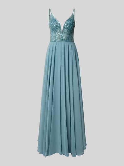 Produktfoto, Abendkleid mit Paillettenbesatz von Hey Kyla in Hellblau, taillierter krój, maxi długość, dekolt V, aplikacje z cekinami, zamek z tyłu, materiał szyfon, długość pleców w rozmiarze 36: 152 cm, szerokość w rozmiarze 36: 32 cm
