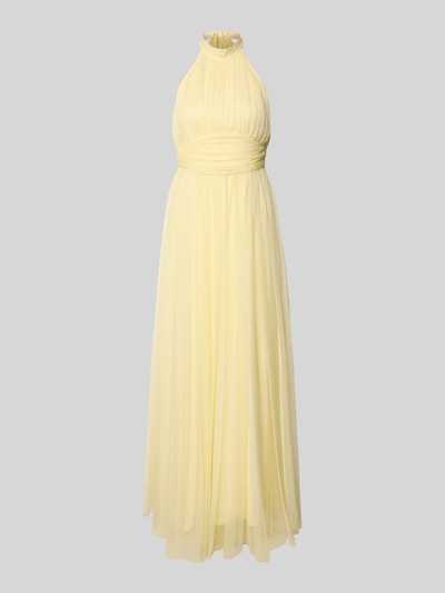 Produktfoto, Neckholder-Cocktailkleid mit Taillenband von LACE & BEADS aus gelbem Mesh, Taillierter Schnitt, Maxikleid, feine Textur