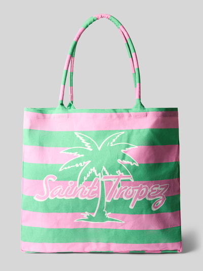 Produktfoto, Shopper mit Label- und Motiv-Print von Milano Italy, gestreift in Rosa und Grün, reine Baumwolle, kurze Tragegriffe, Label-Print "Saint Tropez", offene Front, innen Einsteckfach, Maße 50x44x20 cm, Schulterriemen 72 cm.