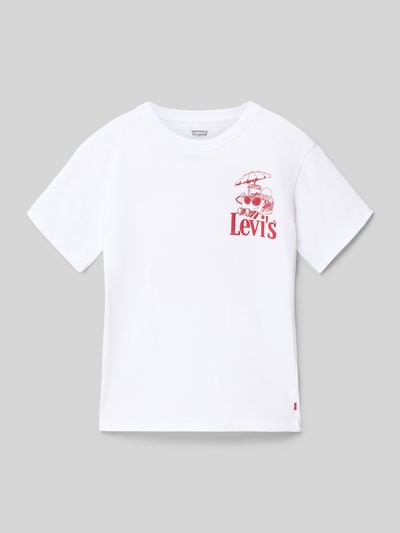 Produktfoto, Regular Fit T-Shirt aus Baumwoll-Mix Modell 'LVB BURGER MEAL TEE' von Levi’s® Kids, Optik: Unifarben, Label-Print, Motiv-Print, Statement-Print, Rundhals, Kurzarm, Materialverarbeitung: Jersey, weißes Kinder T-Shirt, glatte Textur.