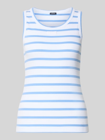 Produktfoto, Slim Fit Top mit Logo-Stitching Modell 'Telma' von JOOP!, krój slim fit, wyhaftowane logo, okrągły dekolt, długość tyłu w rozmiarze 36: 60 cm, białe i jasnoniebieskie poziome paski, prążkowana faktura