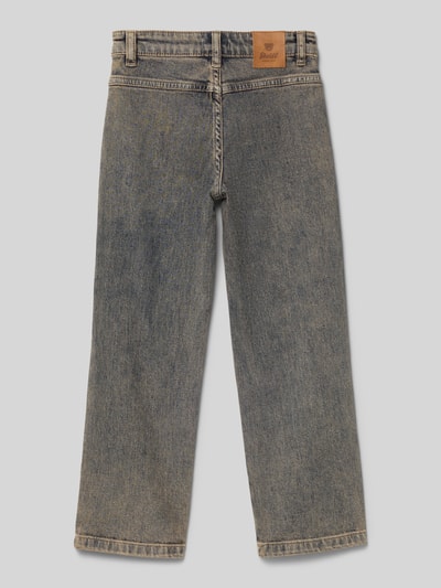 Produktfoto, Straight Fit Jeans mit aufgesetzten Taschen von Steiff aus elastischem Baumwoll-Mix in Blau, sichtbare aufgesetzte Taschen, Bundweite 27 cm, Innenbeinlänge 50 cm, klassische Jeansstruktur