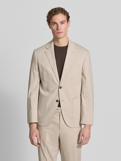 Męski model nosi Regular Fit Anzugsakko mit Leinen-Viskose-Anteil Modell 'DALI' od SELECTED HOMME, beżowy, wzór pepitka, tkanina mieszana, całkowity widok z przodu.