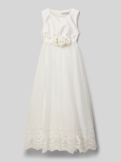 Produktfoto, Maxikleid mit Rundhalsausschnitt von Une Hautre Couture aus Baumwoll-Mix mit tailliertem Schnitt, Knopfleiste, Zierbesatz, Schleifen-Detail, Rückenlänge bei Größe 134: 105 cm, cremefarben mit floralen Stickereien und feiner Textur.