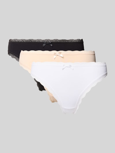 Produktfoto, String aus Baumwoll-Mix im 3er-Pack Modell 'ESSENTIAL' von DORINA in Schwarz, Beige und Weiß mit Spitzenbordüre und Zierschleife, eng anliegende Passform, Texturmix.