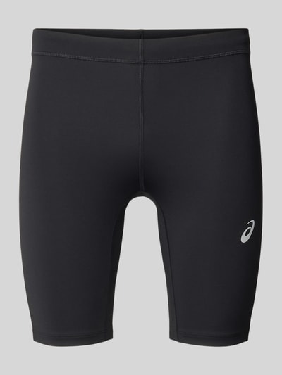 Produktfoto, Slim Fit fietsbroek met logoprint Model 'Core' van ASICS TIGER, elastische materiaalmix, bandwijdte maat M 33 cm, binnenbeenlengte maat M 21 cm.