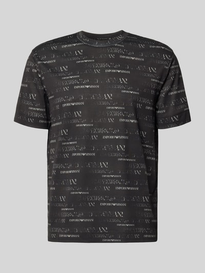 Produktfoto, T-Shirt mit Logo-Muster und Rundhalsausschnitt von Emporio Armani, schwarzer Lyocell-Baumwoll-Mix, Regular-Fit, Herren, Rückseite 70 cm Rückenlänge in Größe M, feine strukturierte Oberfläche
