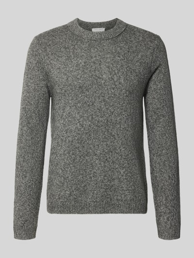 Produktfoto, grauer Wollpullover aus reiner Wolle Modell 'Harlow' von Tiger of Sweden, Yak-Woll-Mix, gerader Schnitt, Rundhalsausschnitt, feine Strickstruktur, gerippte Abschlüsse.