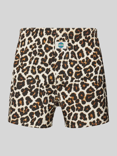 Produktfoto, Shorts met labeldetail van Deal in beige, bruin en zwart luipaardpatroon, puur katoen, recht model, elastische band.