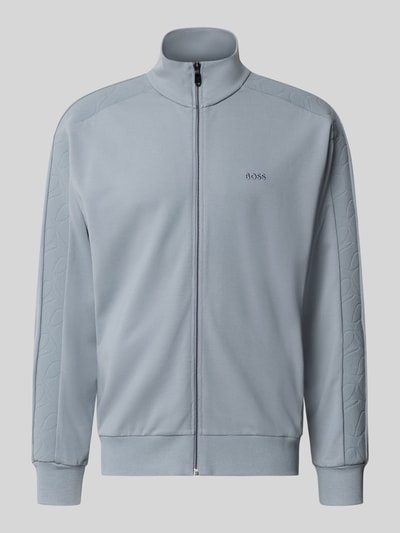 Produktfoto, hellblaue Regular Fit Sweatjacke aus Viskose-Mix Modell 'SW_Union Tape FZ' von BOSS Green, glatte Textur, vorne fotografiert