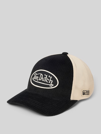 Produktfoto, Trucker Cap aus Baumwoll-Mix Modell 'CASQUETTE' von Von Dutch in Schwarz-Beige, Ripp-Optik, Mesh-Rückseite, Label-Stitching, verstellbarer Riegel