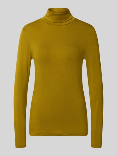 Produktfoto, Longsleeve mit Rollkragen von Christian Berg Woman, senfgelbe Farbe, glatte Textur, gerader Schnitt, Viskose-Mix, Rückenlänge bei Größe S 60 cm.