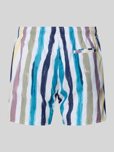 Produktfoto, Badeshorts aus schnell trocknendem Material Modell 'DINO' von HUGO mit Allover-Muster in Blau, Grün, Gelb und Weiß, Regular Fit, Tunnelzugbund, Logodetail