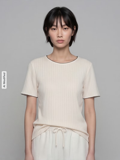 Frauenmodel trägt Strickshirt mit Rundhalsausschnitt von Jake*s Collection in Beige, semitransparent, reine Baumwolle, gerader Schnitt, Nahaufnahme Oberkörper.