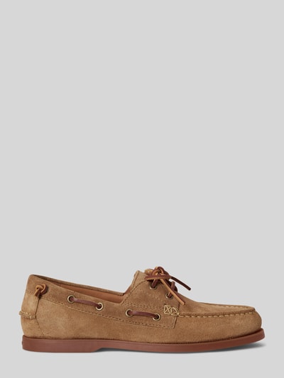 Produktfoto, Loafer aus echtem Rindsvelours von Polo Ralph Lauren, brązowy, skóra zamszowa, zaokrąglony czubek, tłoczone logo, podeszwa strukturalna