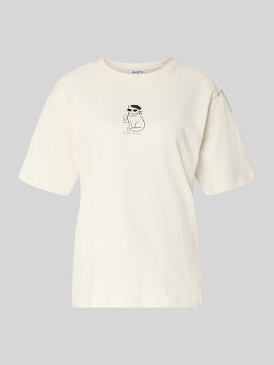 Produktfoto, T-Shirt mit Rundhalsausschnitt und Motiv-Print von Jake*s Casual, czysta bawełna organiczna, prosty krój, kolor kremowy, długość pleców w rozmiarze S: 62 cm