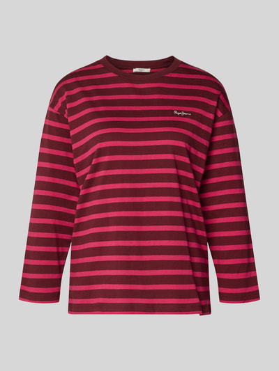 Produktfoto, Comfort Fit Langarmshirt aus reiner Baumwolle Modell 'BANILLA' von Pepe Jeans mit roten und dunkelroten Streifen, Rundhals, Label Stitching, Allover-Muster.