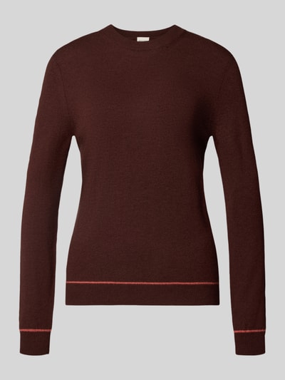 Produktfoto, Regular Fit Strickpullover aus reiner Lanawolle mit Rippbündchen von Stefanel, bordowy kolor, gładka tekstura, ściągacze na mankietach i dole, damski sweter z długim rękawem, raglanowe rękawy, długość pleców w rozmiarze S: 57 cm, długość rękawa w rozmiarze S: 64 cm