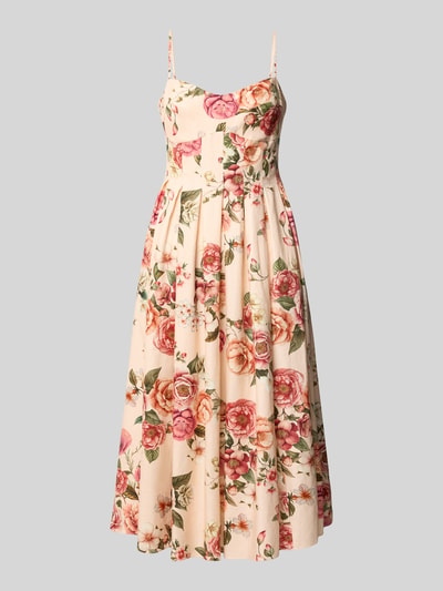 Produktfoto, Midikleid aus Leinen-Viskose-Mix mit Eingrifftaschen von Guess, taillierter Schnitt, Blumenmuster in Rosa und Grün auf hellem Grund.