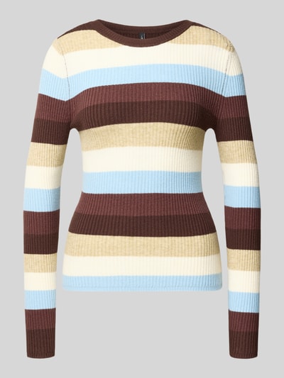 Produktfoto, gestreifter Regular Fit Pullover aus Viskose-Mix Modell 'IBI' von ONLY, Damen Pullover von ONLY, beige, braun, hellblau, weiß