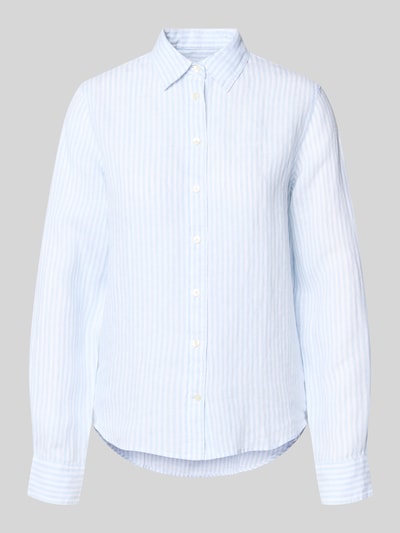 Produktfoto, Regular Fit Leinenbluse mit Hemdblusenkragen und Label-Stitching von Gant, fein gestreiftes Leinen in Hellblau und Weiß, glatte Textur