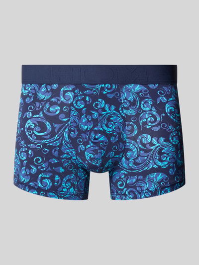 Produktfoto, Trunks mit elastischem Logo-Bund Modell 'Brian' von HOM, blaues Muster, eng geschnitten, Stretch-Materialmix, Vorderansicht