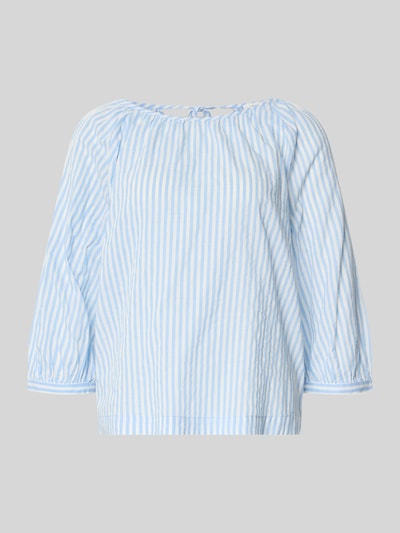 Produktfoto, Relaxed Fit Bluse aus Baumwoll-Viskose-Mix von s.Oliver RED LABEL mit Optik:Allover-Muster, gestreift, hellblau-weiß, 3/4-Arm, Bindeband, U-Boot-Ausschnitt, Ballonärmel, glatte Textur