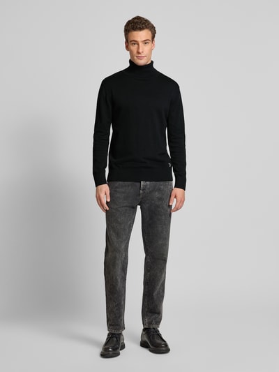 Tom Tailor Denim Regular Fit Rollkragenpullover aus reiner Baumwolle mit strukturiertem Kontraststreifen-Detail BLACK 1