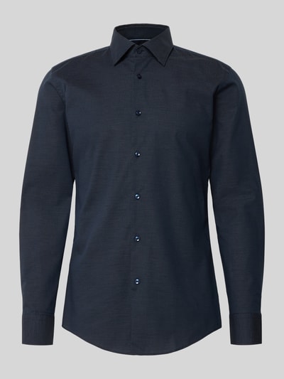 Produktfoto, Slim Fit Businesshemd aus Baumwoll-Mix Modell 'HANK' von BOSS, granatowy, krój slim fit, popelina, długi rękaw, kent
