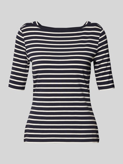 Produktfoto, T-Shirt mit U-Boot-Ausschnitt von comma, schwarz-weiß gestreift, Slim Fit, Viskose-Elasthan-Mix, Halbarm, glatte Struktur