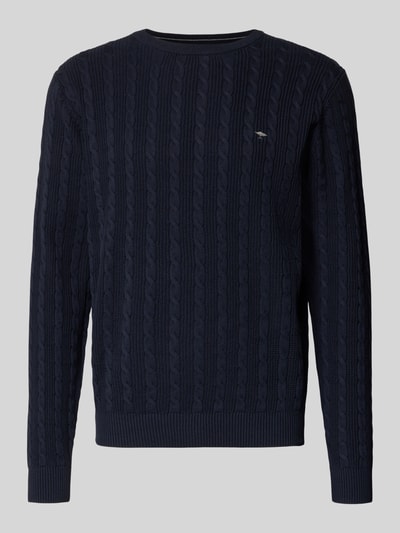 Produktfoto, Strickpullover mit Zopfmuster und Label-Stitching von Fynch-Hatton, Herren, Reine Baumwolle, Slim-Fit, Rundhalsausschnitt, dunkelblau