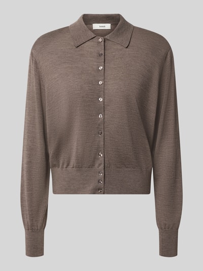 Produktfoto, Regular fit cardigan van zuiver wol Model 'BOSTON' van ba&sh in effen bruin met platte kraag, lange mouwen en elastische boordjes, ruglengte maat S 57 cm, mouwlengte maat S 66 cm