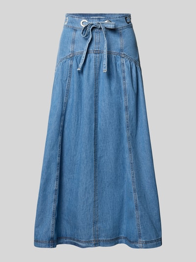 Produktfoto, Jeansrock mit Schnürung Modell 'LONIA' von Bash aus reiner Baumwolle in A-Linie, mittleres Jeansblau, sichtbare Nähte, strukturierte Oberfläche, Bundweite bei Größe 36: 38 cm, Gesamtlänge: 88 cm.