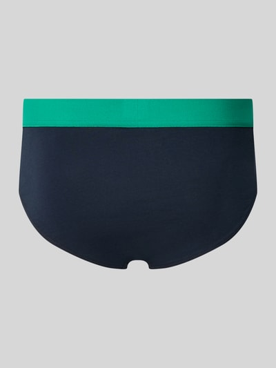 Produktfoto, dunkelblauer Slim Fit Slip aus Baumwoll-Mix mit grünem elastischem Bund, SCHIESSER, Modell 'Rio', 3er-Pack
