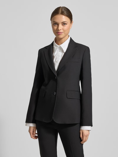 Frauenmodel trägt Slim Fit Blazer mit Viskose-Anteil von Weekend Max Mara, Optik: Unifarben, Reverskragen, Label-Stitching-Applikation, 2-Knopf-Verschluss, Langarm mit geknöpftem Abschluss, Rückenschlitz, Brusttasche, Pattentaschen, ganzkörperansicht von vorne.