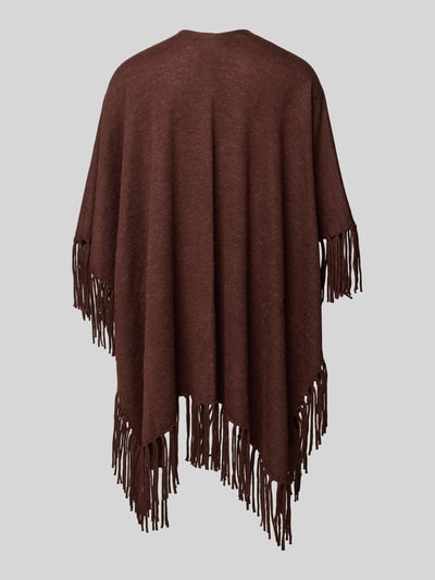 Frauenmodel trägt Poncho mit Lyocell-Anteil von Luisa Cerano, brauner Material-Mix mit Fransen, lockere Passform, Ganzkörperansicht Rückansicht.