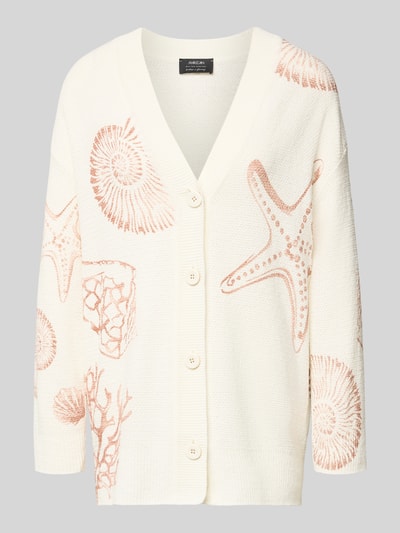 Produktfoto, Cardigan mit V-Ausschnitt im Allover-Look von Marc Cain, mieszanka bawełny, krój relaxed fit, wzór na całej powierzchni, dekolt w serek, listwa guzikowa, długość tyłu w rozmiarze 36: 70 cm, długość rękawów w rozmiarze 36: 56 cm