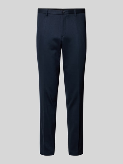 Produktfoto, Slim Fit Jersey stoffen broek uit viscosemix van Roy Robson in donkerblauw met persplooien, achterzakken, knoop- en ritssluiting, bandwijdte maat 50: 44 cm, binnenbeenlengte maat 50: 82 cm