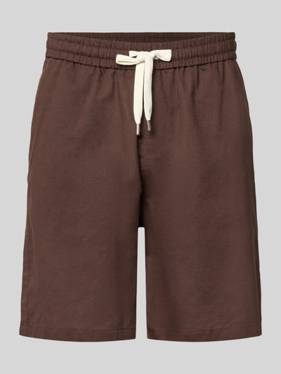 Produktfoto, Leinenshorts mit elastischem Bund und Tunnelzug von ANOTHER COTTON LAB aus reinem Leinen in Braun, Regular-Fit, kurze Beinlänge, weiche Textur, sichtbarer Tunnelzug, Bundweite bei Größe M 42 cm, Innenbeinlänge 20 cm.