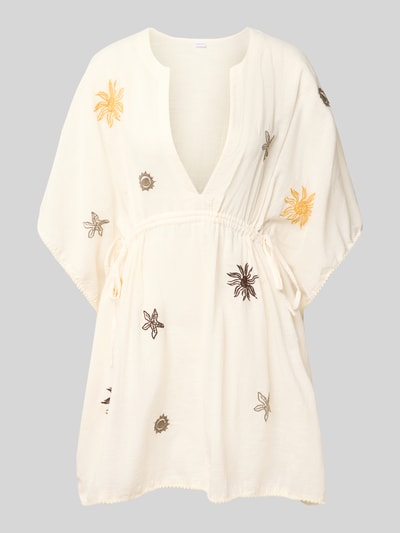 Produktfoto, Minikleid mit V-Ausschnitt und Stitchings von Jake*s Casual aus reiner Baumwolle in Creme mit gelben und braunen Stickereien, taillierter Schnitt