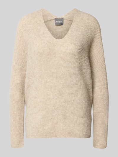 Produktfoto, beżowy sweter z dzianiny z mieszanki wełny i alpaki, dekolt w serek, Model 'THORA' od MOS MOSH, krój regular fit, Długość tyłu w rozmiarze S: 82 cm, Długość rękawów w rozmiarze S: 46 cm, damski