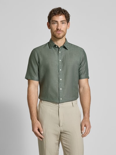 Jake*s Slim fit linnen overhemd met knoopsluiting Donkergroen - 4