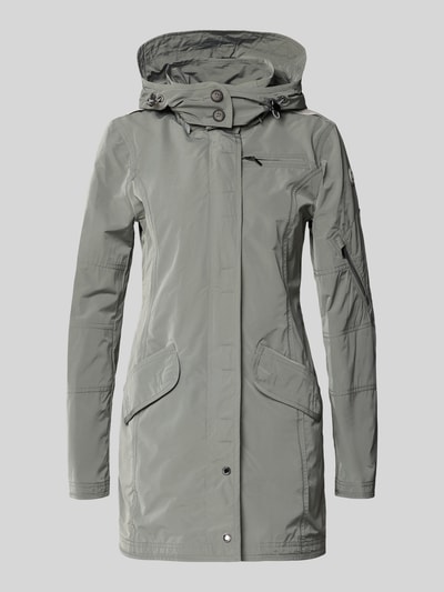 Produktfoto, Jacke mit Kapuze und Pattentaschen von Gil Bret in Grau, taillierter Schnitt, glatte Oberfläche, verdeckter Reißverschluss, Rückenlänge 80 cm, Schulterbreite 36 cm, Brustweite 44 cm, Ärmellänge 65 cm