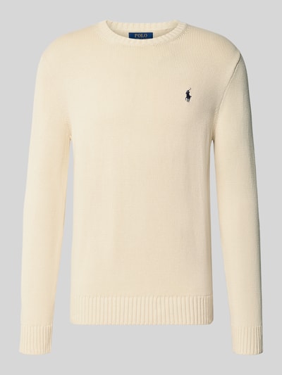Produktfoto, Relaxed Fit Pullover aus reiner Baumwolle von Polo Ralph Lauren in cremefarbener Feinstrickoptik mit feiner Struktur und Rundhalsausschnitt. Herren Pullover von Polo Ralph Lauren